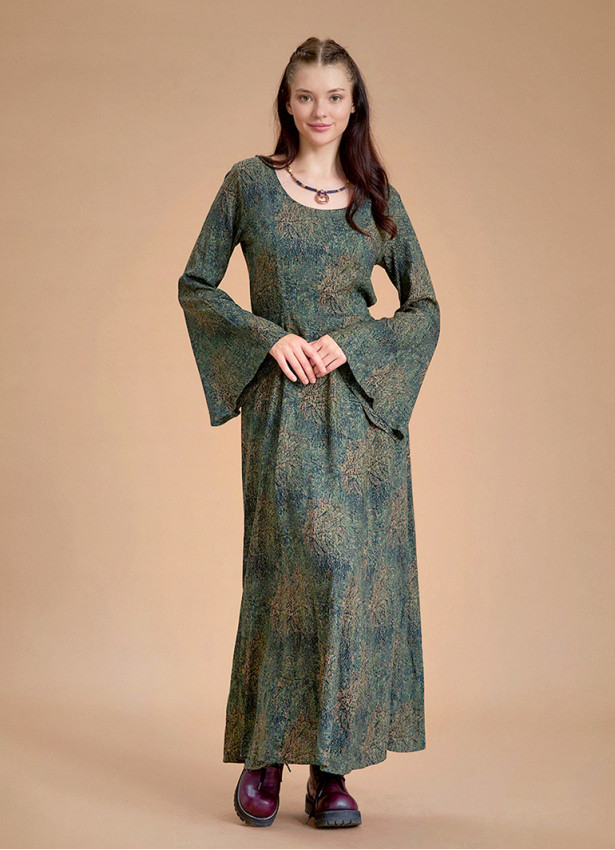 Boat Neck Maxi Bell Khaki Pattern Sleeve Dress